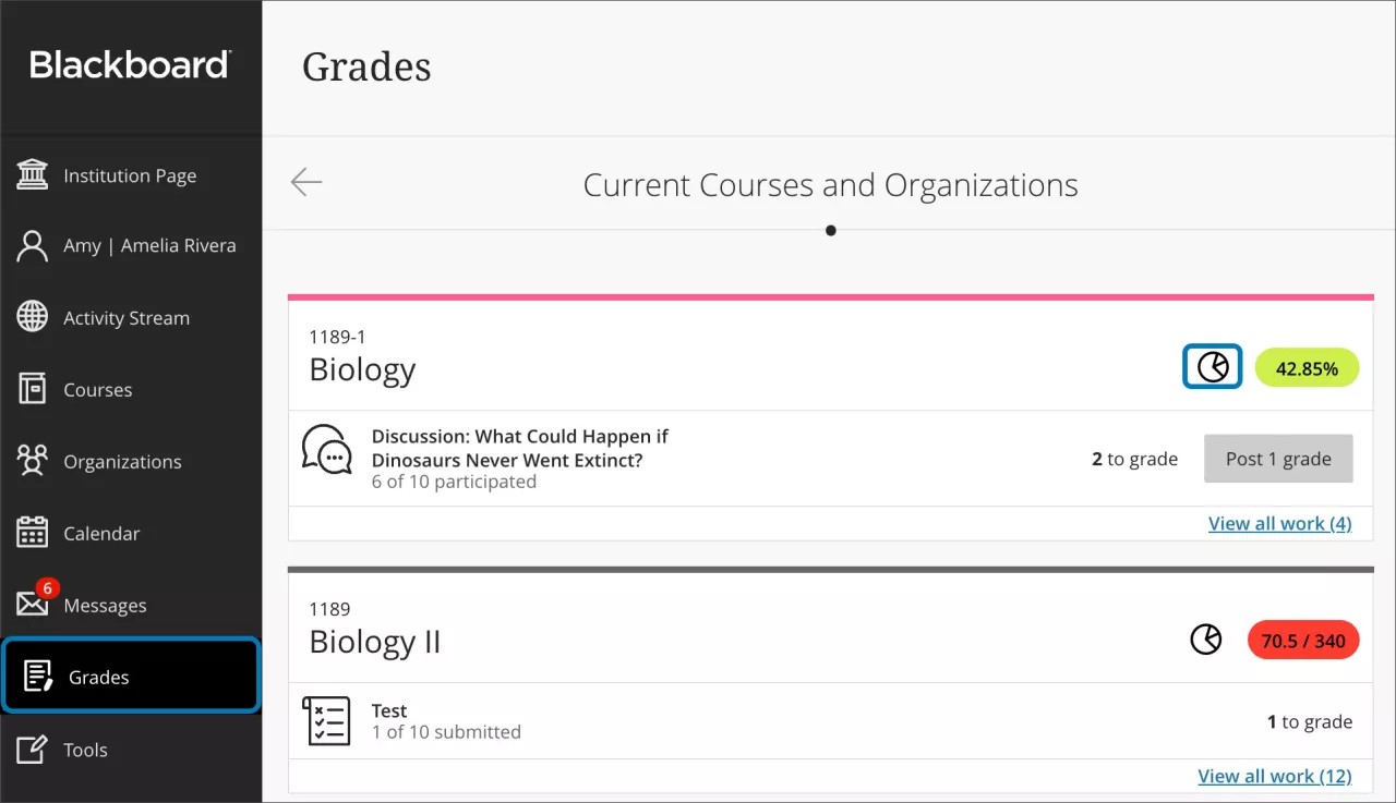 The Grades tab, showing the pie chart icon to the left of the blue-outlined Overall Grade icon.