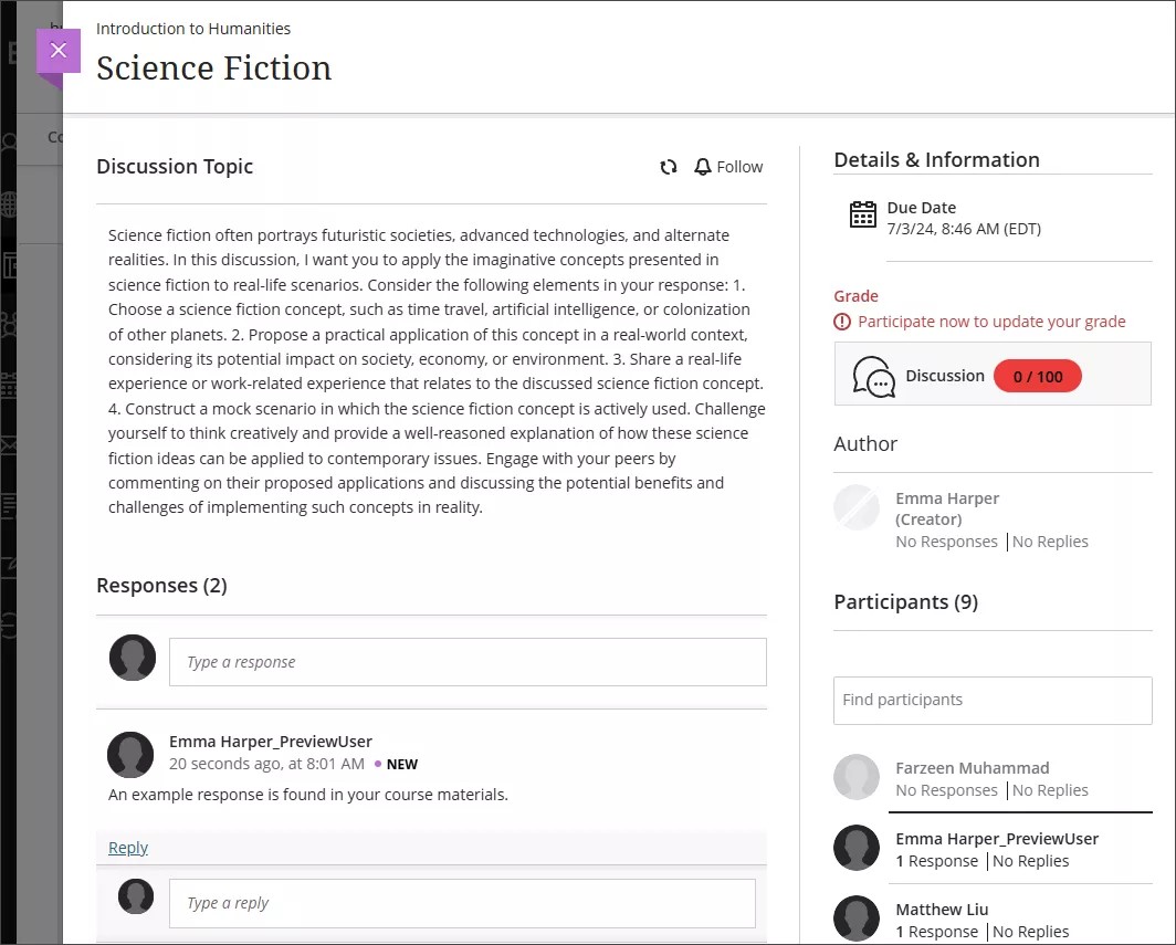 Discussion page displaying a preview user