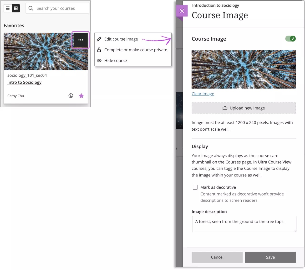 The three dot menu menu is highlighted on the left, with an arrow indicating the Edit course image option leads to the Course Image panel, which is shown on the right.