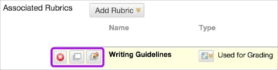 On the Associated Rubrics page, showing the Writing Guidelines rubric as the Used for Grading rubric. The Remove Rubric Association, View Rubric, and Edit Rubric options are highlighted in purple.