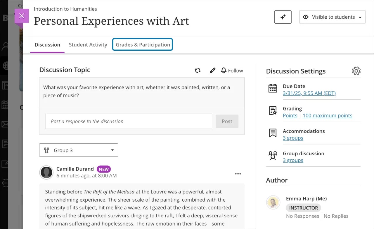 A group discussion, with the Grades and Participation tab highlighted