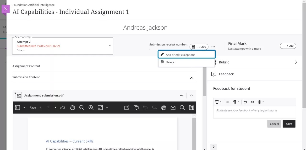 Add an exception from the Submission page.