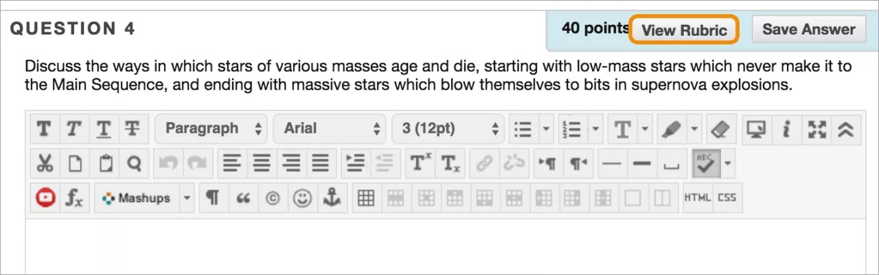 A test question, with the View Rubric button in the upper right highlighted in orange.