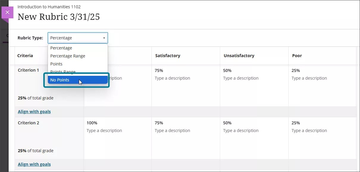 No Points option in the Rubric Type dropdown when creating a rubric