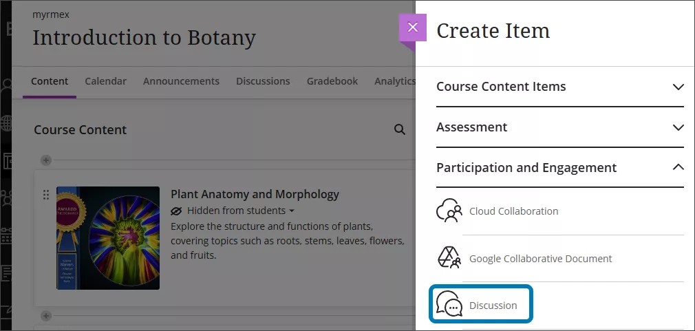 Create Item panel, with Participation and Engagement highlighted over the Discussions option