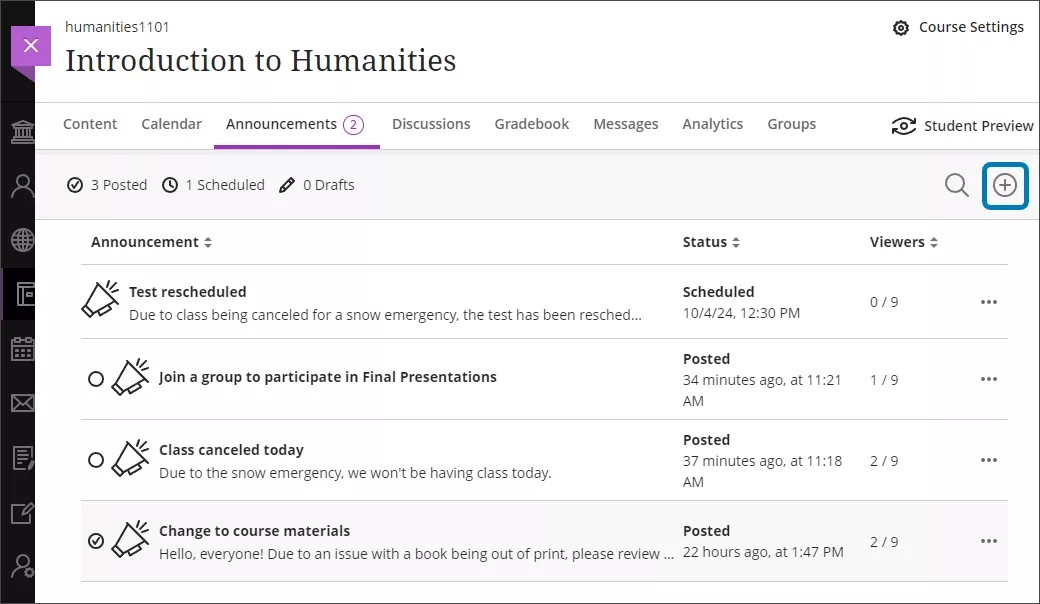 Create announcement icon highlighted on the Announcements page