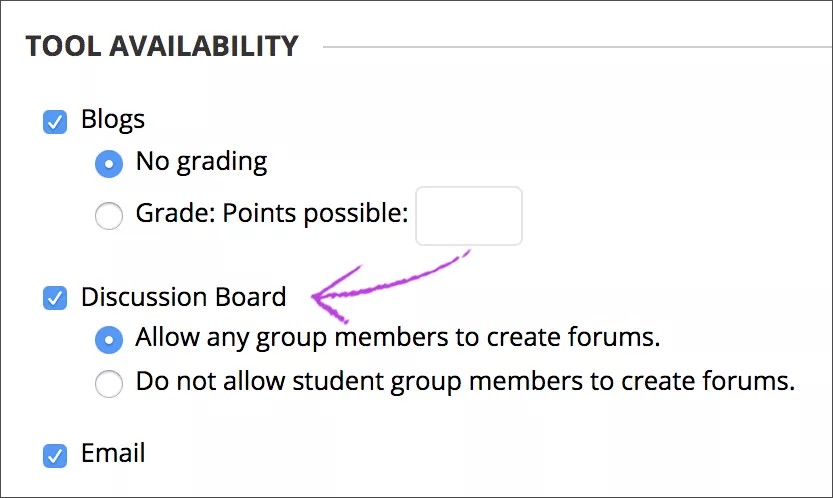 In the Tool Availability dialog, select Allow any group members to create forums.