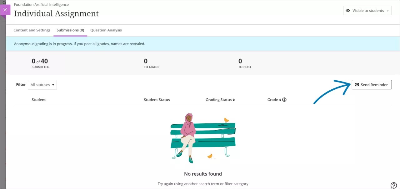 An anonymous submissions page that has no student information. The Send message button is highlighted on the right.