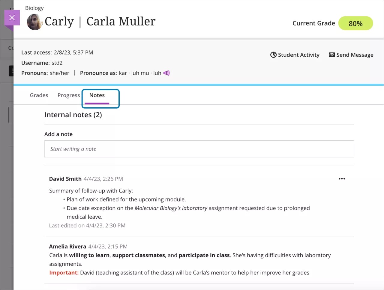 Image of the Notes tab on the Student Overview, with the tab outlined with a blue rectangle. 2 notes about the student are below the Add Note field