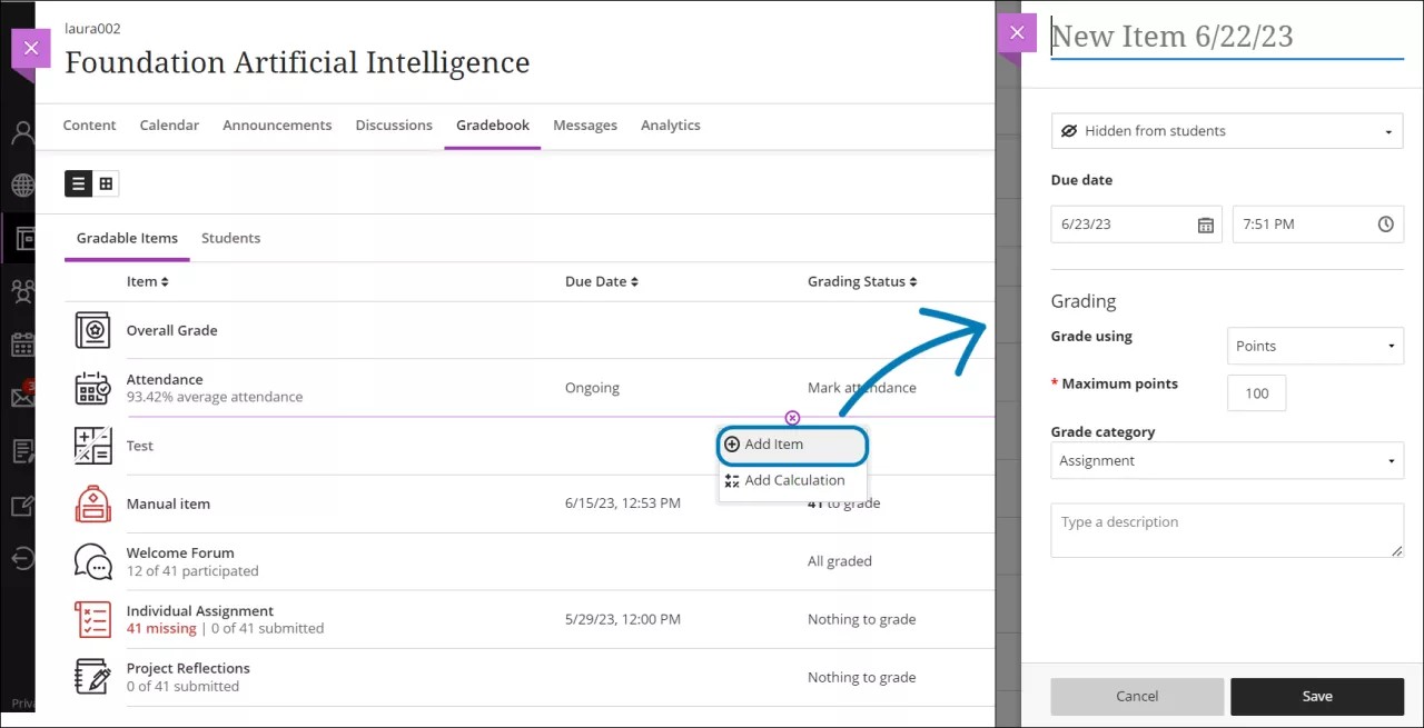 Example of manually grading an item in the gradebook