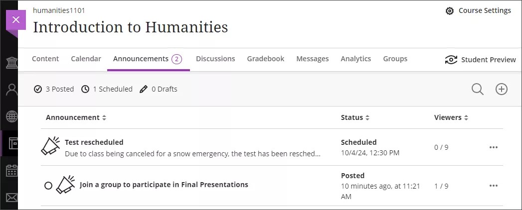 Announcements page, showing a scheduled announcement at the top