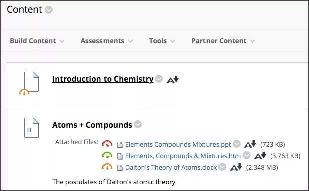 Content menu, showing the Ally accessibility icon next to the attached files and the accessibility score for each file