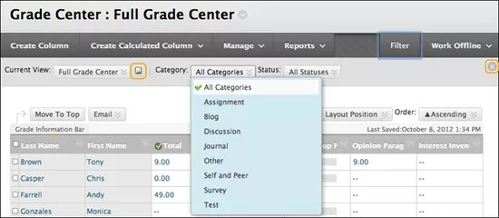 Grade Center screen, showing options under the All Categories menu