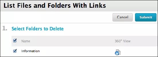 List of Files and Folders With Links window, with Cancel and Submit buttons at the top.