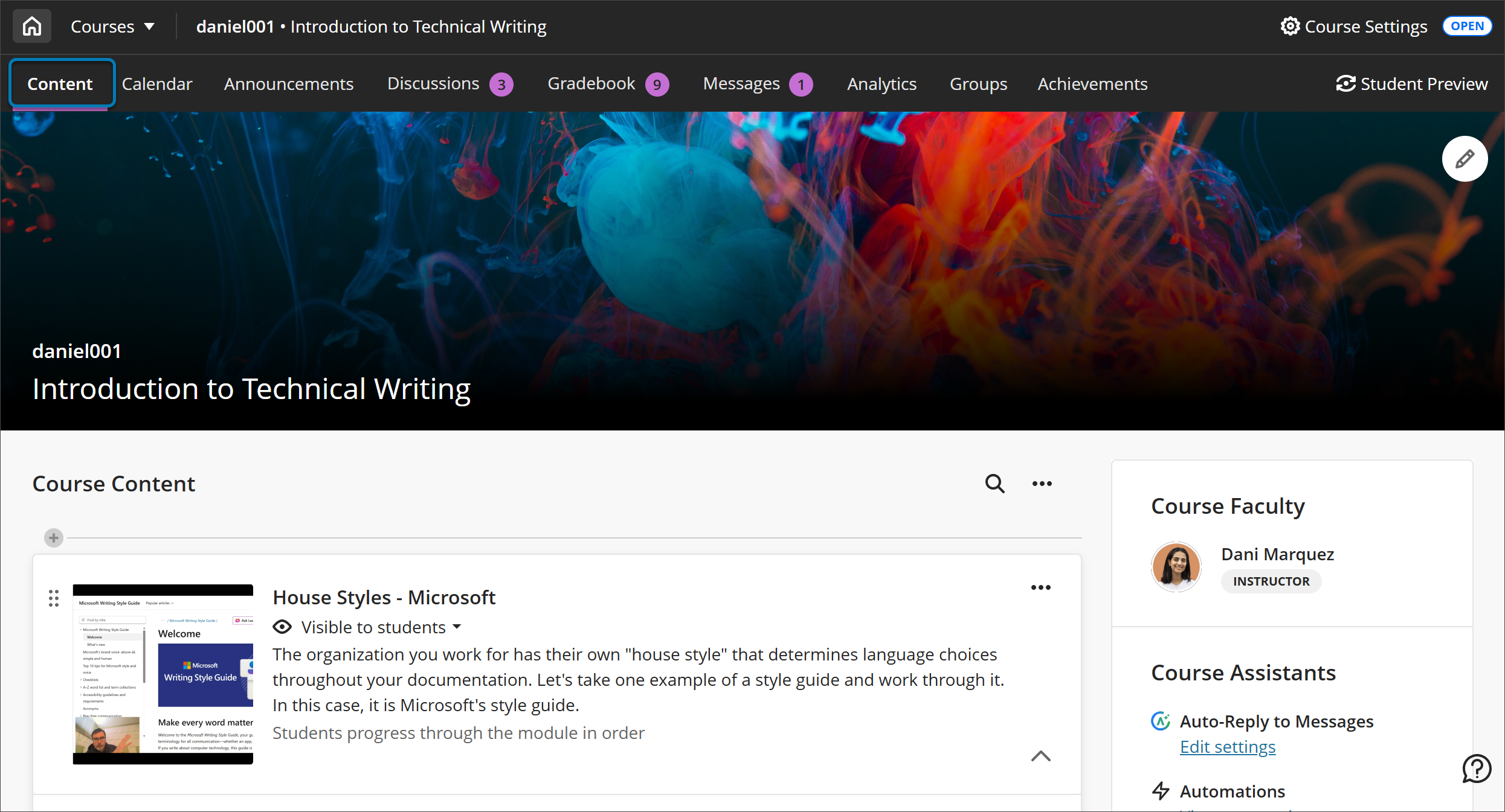 Course Content page. All of the navigation tabs are at the top of the page, including: Content, Calendar, Announcements, Discussions, Gradebook, Messages, Analytics, Groups, and Achievements.