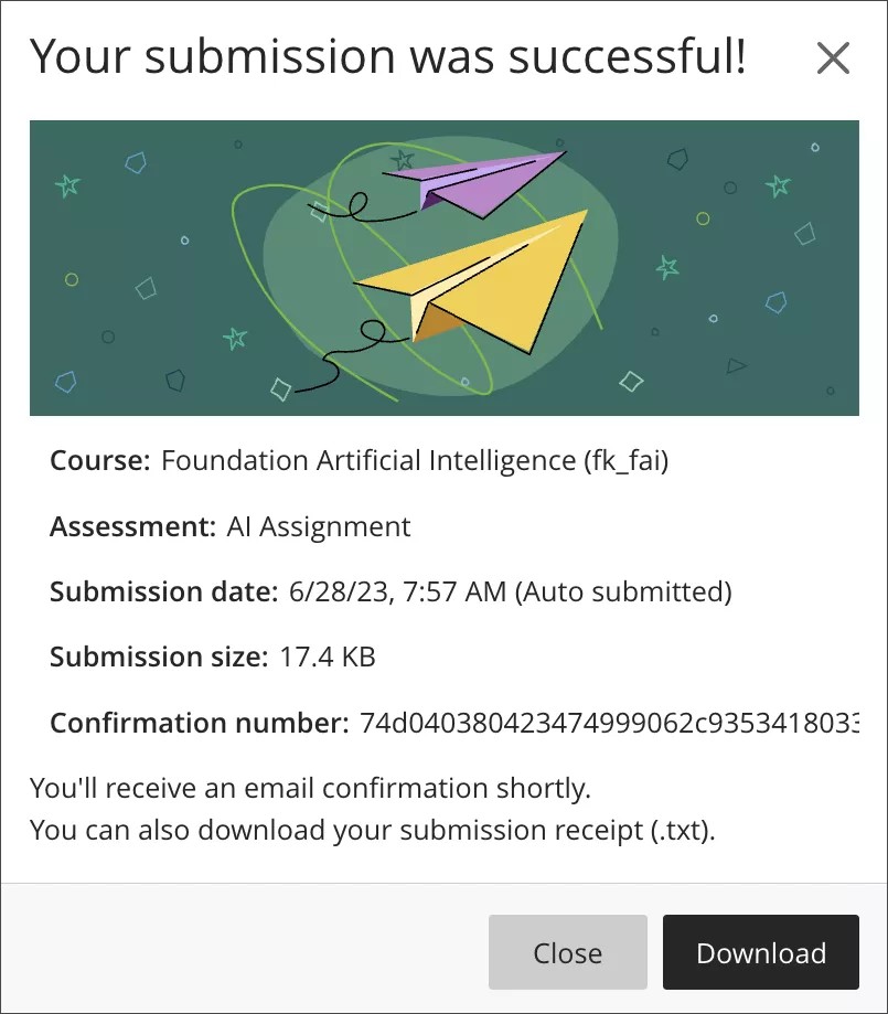 The submission receipt modal displays the confirmation number, which students must save.