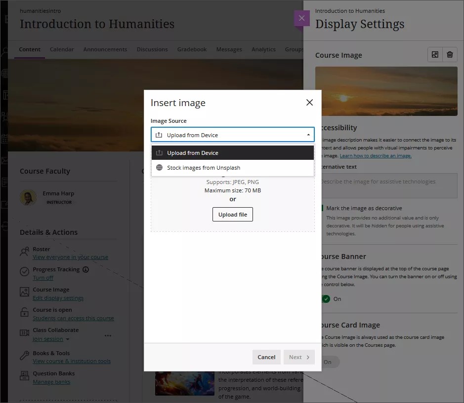 Image of the Display Settings panel, with the window up for uploading an image