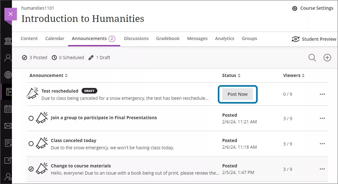 Announcements page, with a draft announcement ready to post and the Post draft button highlighted
