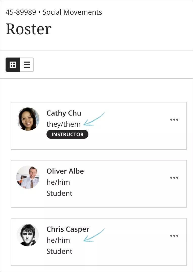 How personal pronouns are shown in a course's roster