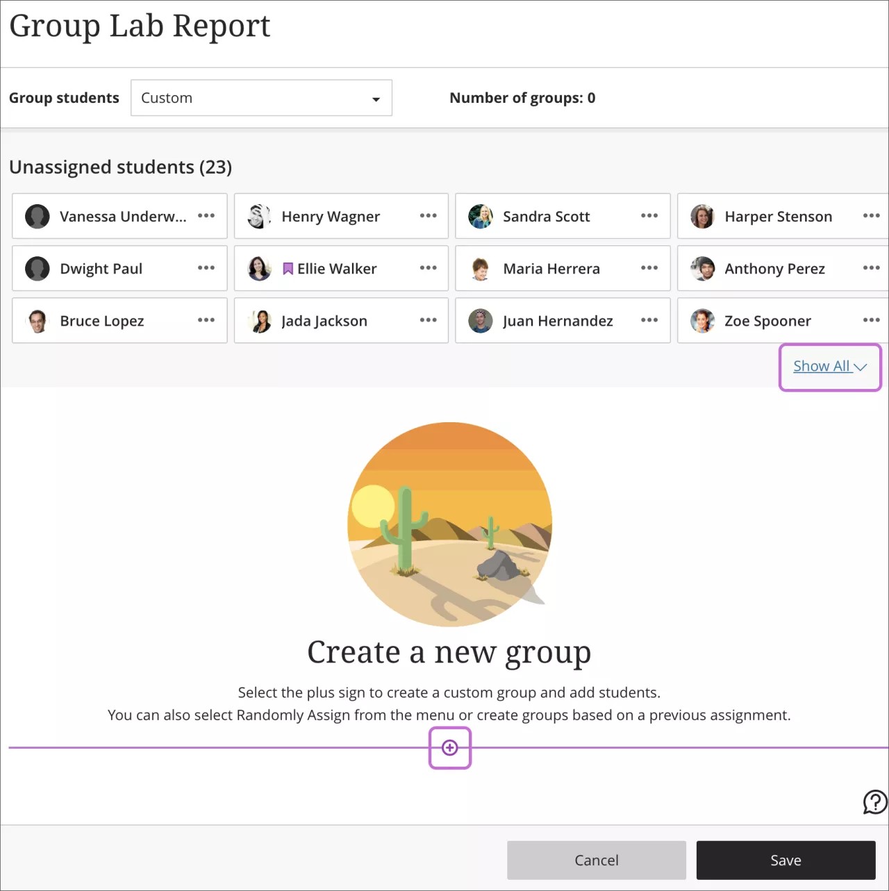 The Groups page is open with 1) the Unassigned students section on screen, 2) the "Shown all" button clicked, and 3) the plus sign for creating a new group selected.