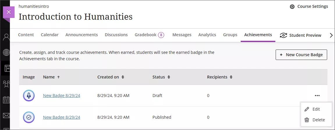 Achievements tab, with one course badge finalized and one in draft