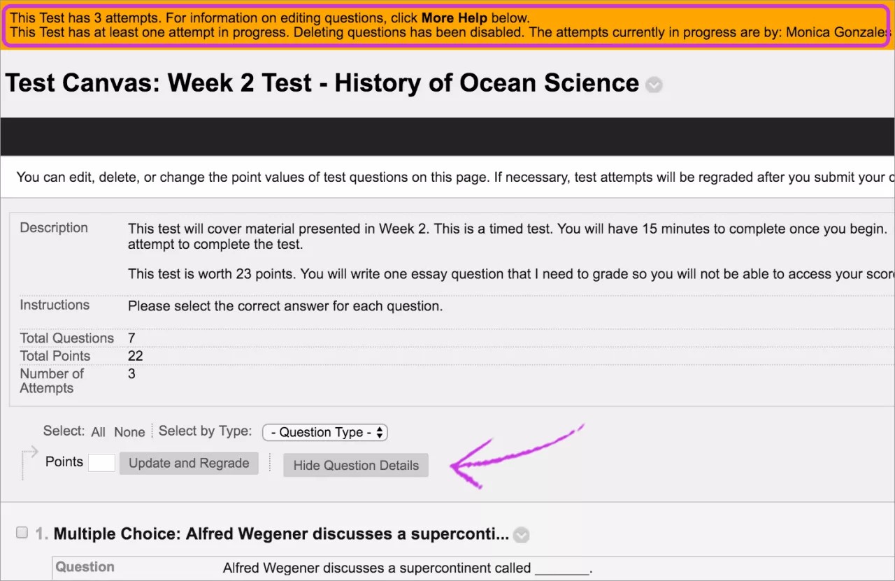 Warning banner at the top of the test screen if you attempt to delete a question that has attempts in progress