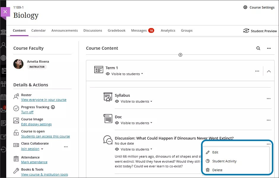 Image of the Course Content page, with the More Options menu beside a discussion highlighted