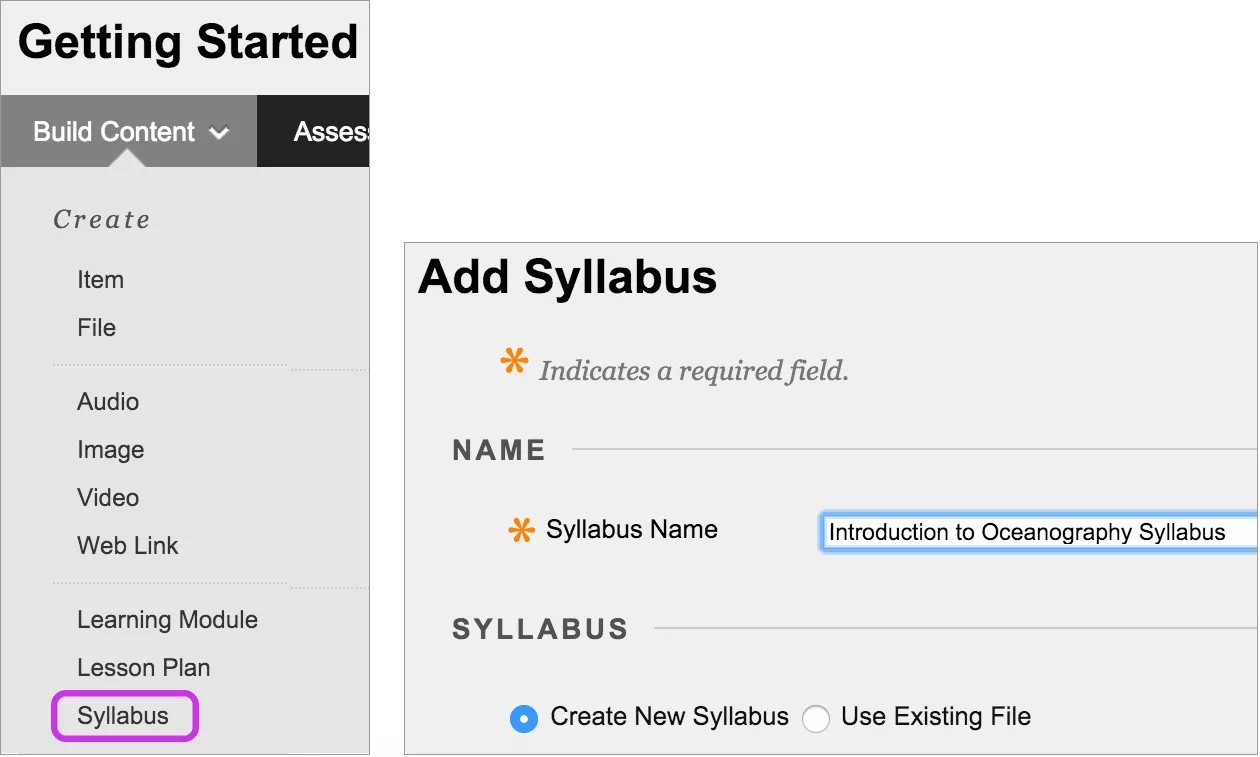 Getting Started menu, then select Build Content, then syllabus to add a syllabus
