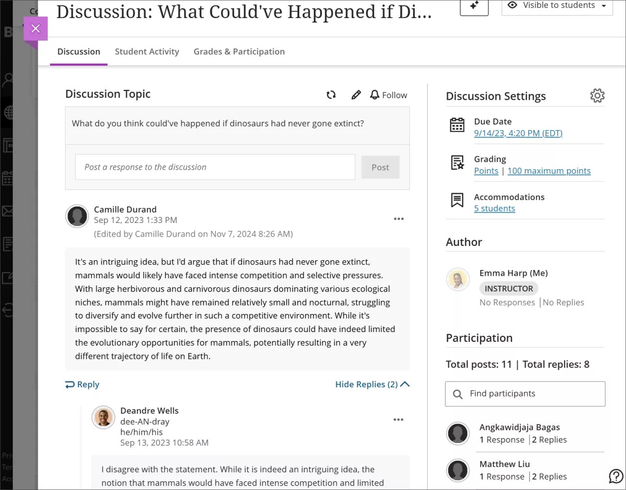 The main page of a discussion, where you can find the author and participants. A reply is indented below the first response post.