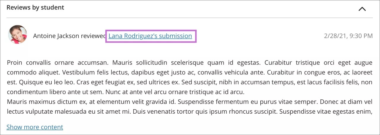 An example review by student is open with a link highlighted. The anchor text from the link is a student's name.
