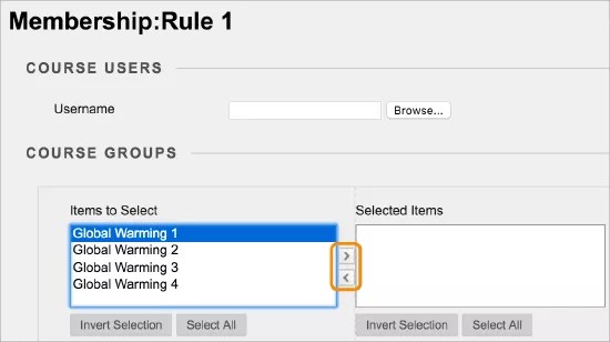 The Membership page, showing a field to add username and a button to browse for username, and dual selections boxes for Course Groups with the arrows to move groups from the Items to Select box to the Selected Items box highlighted.
