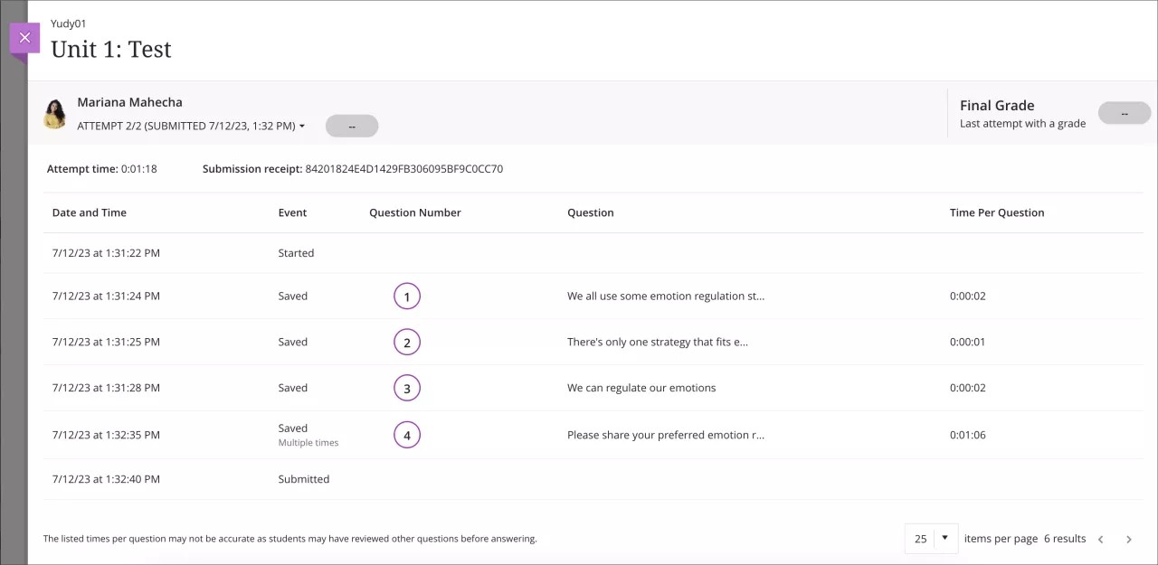Image of the attempt logs for a test