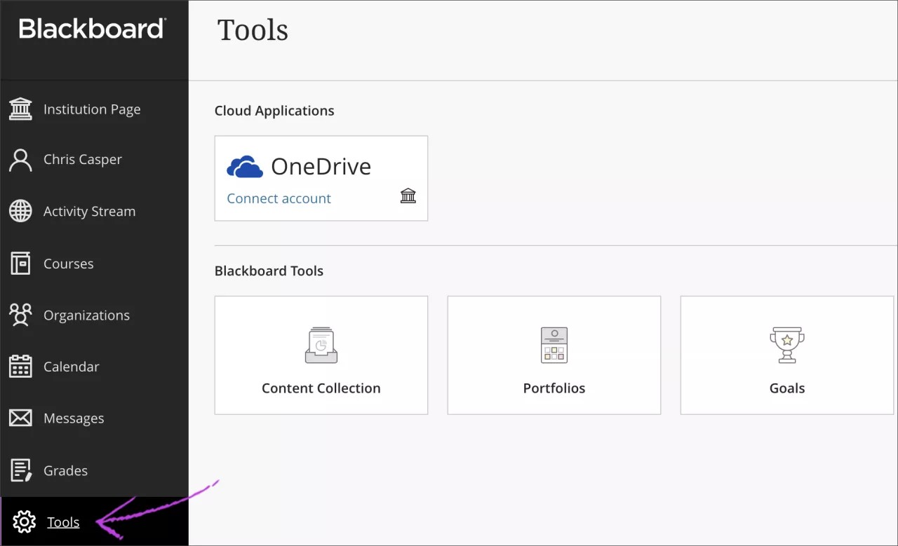 Tools landing page with an arrow indicating the Tools option on Base Navigation