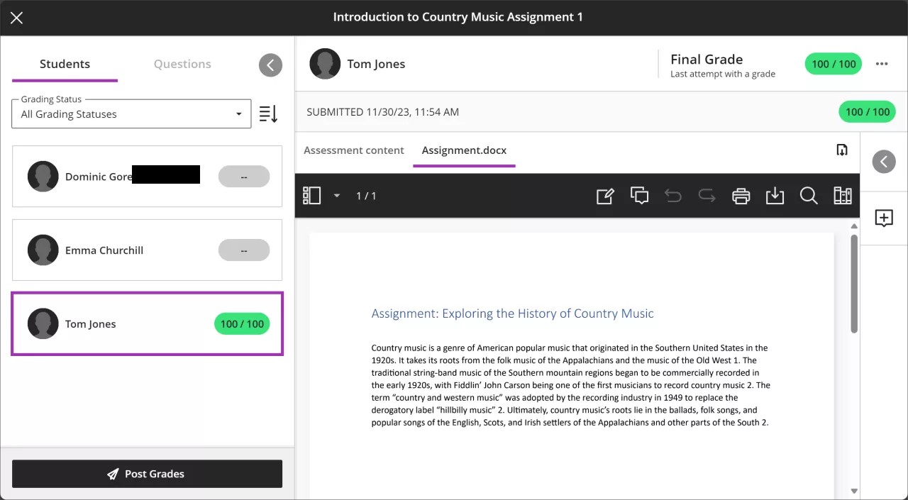 A student's submission in Flexible grading