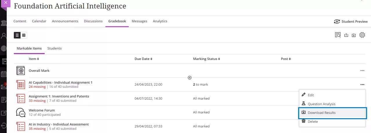 Download Results option from Gradebook grid view highlighted.