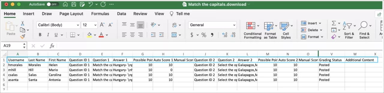 Sample from the Download by student format.
