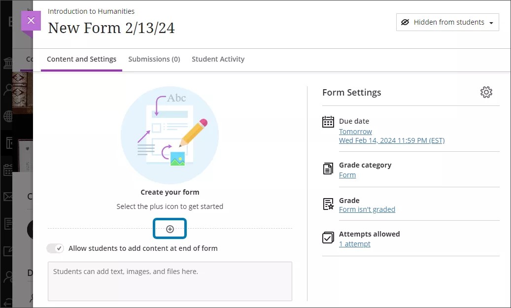 Form page, prompting the user to create a new question and highlighting the plus icon