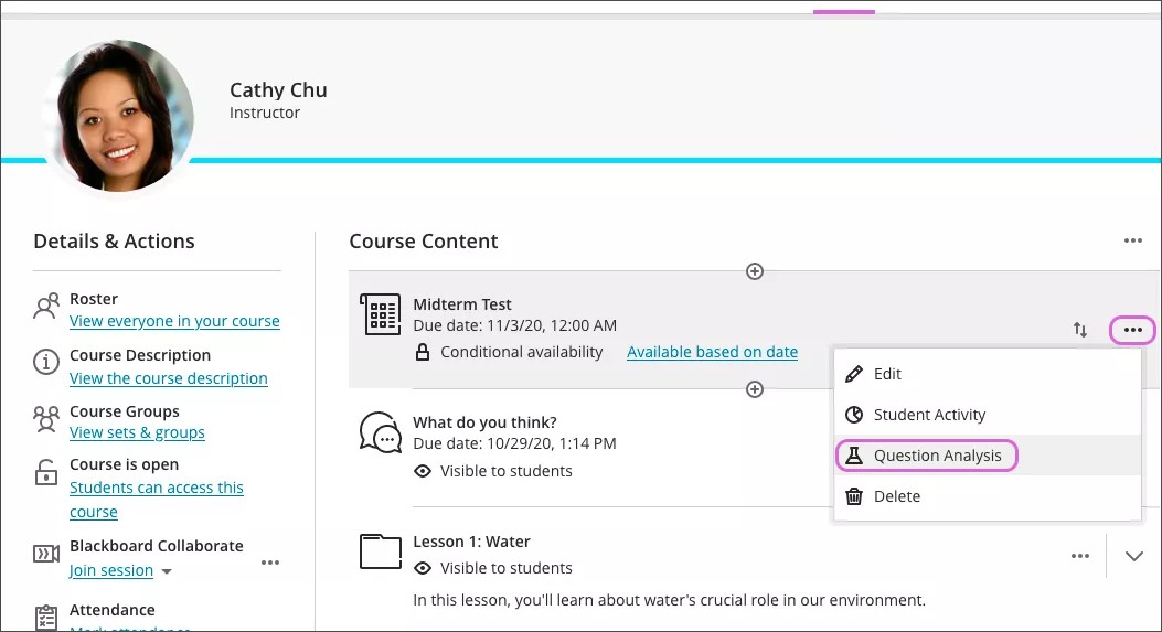 Highlighted question analysis option from a particular test menu.