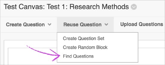 The Test Canvas page, with the Reuse Question menu expanded and an arrow pointing to the Find Questions option.