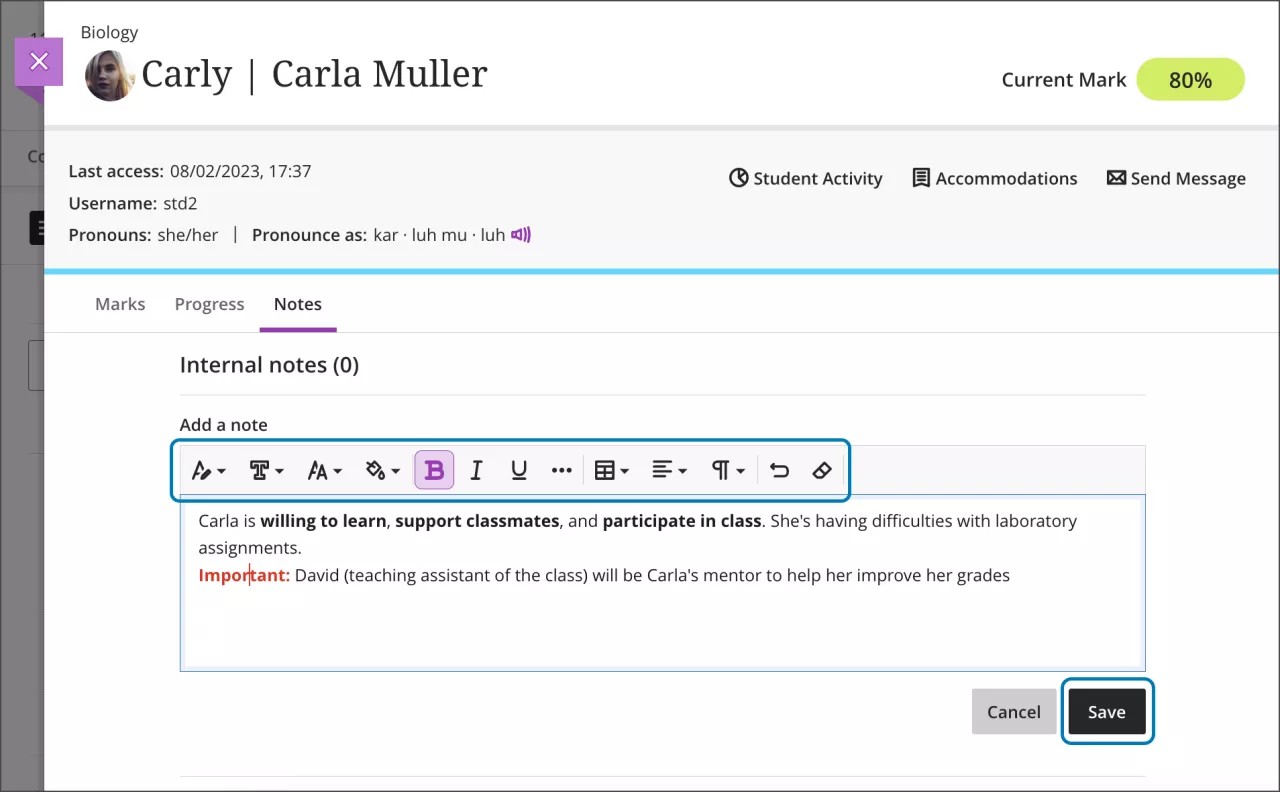 Image of the Notes field, showing tools for modifying text highlighted with a blue rectangle, and the Save button at the bottom right highlighted with a blue rectangle