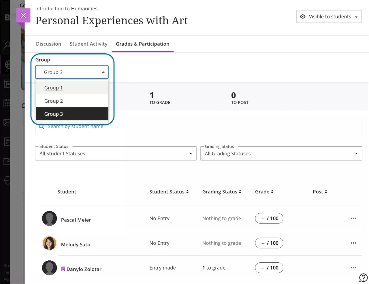 The Grades and Participation page, with the dropdown option to filter by group highlighted on the left