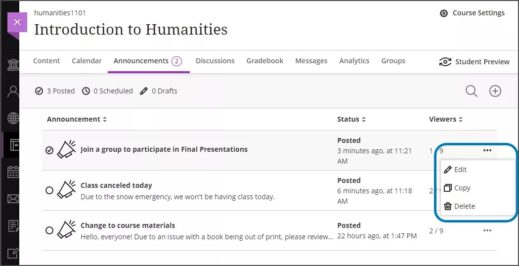 Announcements page with the More options menu open and highlighted