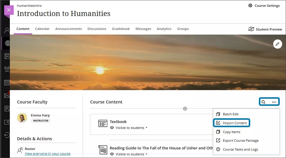 The Course Content page, with the More options menu expanded and Import Content highlighted
