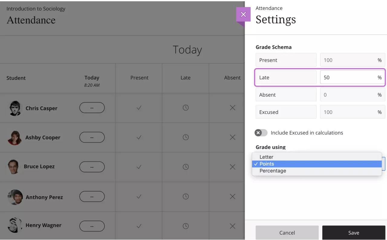 The Attendance panel is open with 1) the Attendance settings panel opened, 2) the "Grade Schema" section with the "Late" settings highlighted, and 3) the "Grade using" section with the "Points" option selected.
