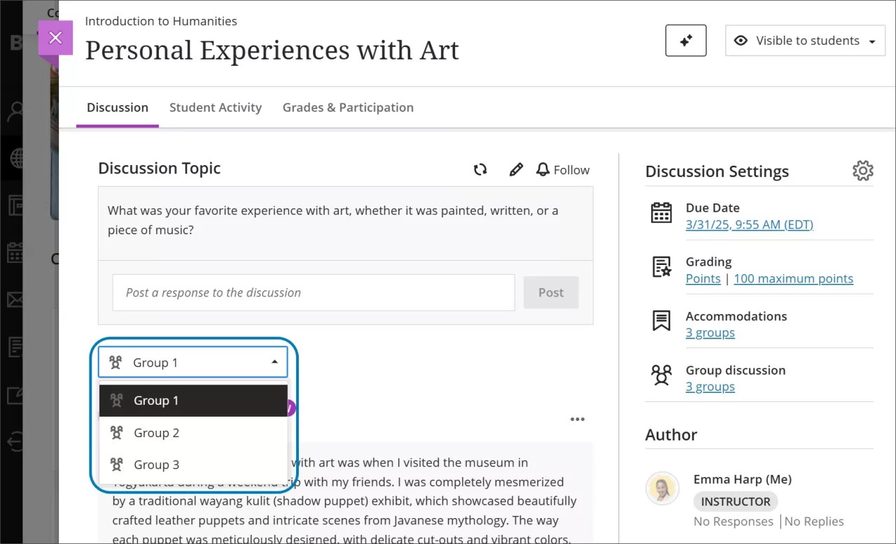 A group discussion, with the group dropdown open and highlighted