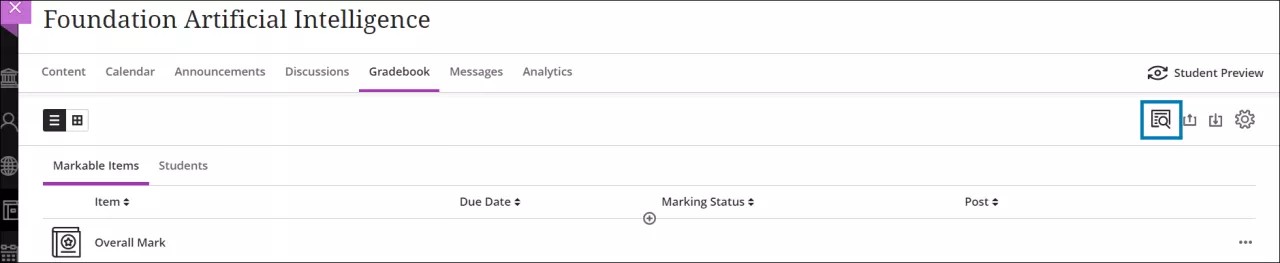 Submission receipt icon at the top of the gradebook.