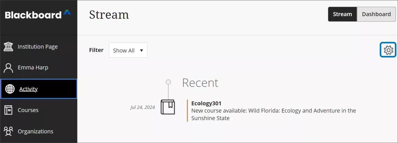 The Settings icon on the top right of the activity page, highlighted in blue