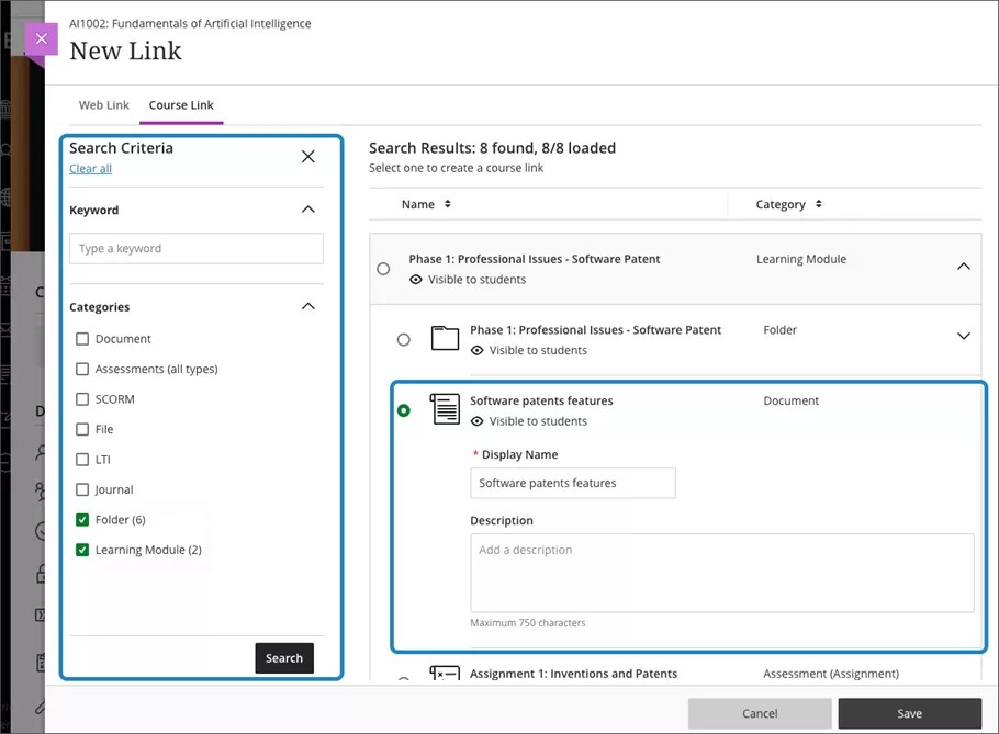 image of Create Course Link tab with a blue box highlighting the Keyword field of the Search Criteria panel and a blue box highlighting the Search Criteria panel