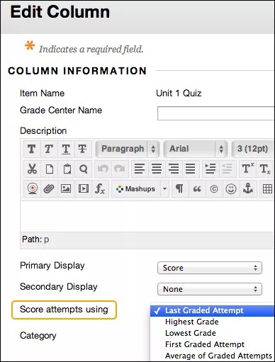 Edit Column in the grades screen