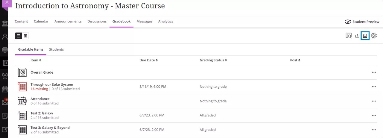 Download grades icon at the top of the gradebook.